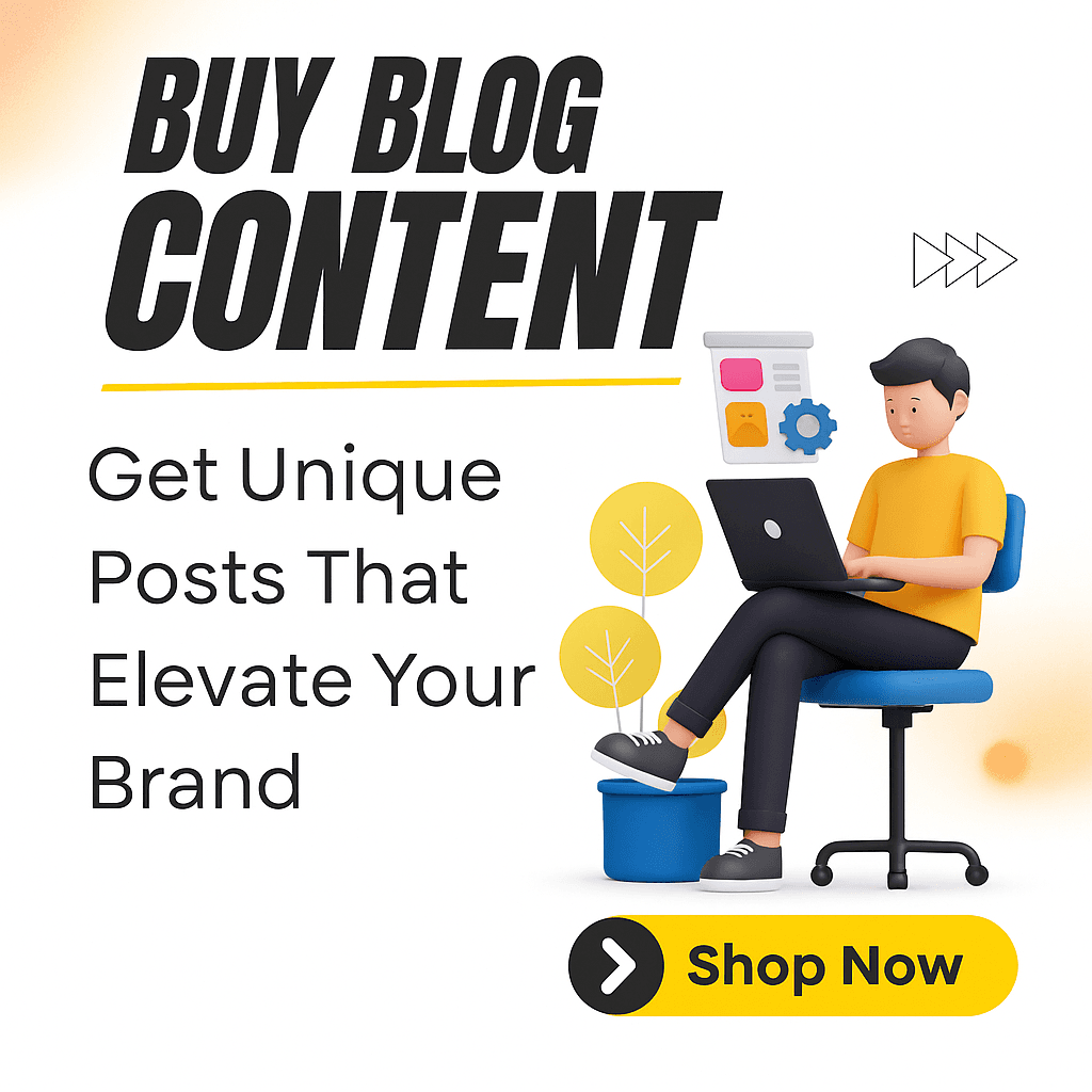 A digital promotional image with the headline "Buy Blog Content." It features a 3D character working on a laptop, surrounded by content-related icons and decorative plants. A bold "Shop Now" button appears at the bottom in yellow and black.